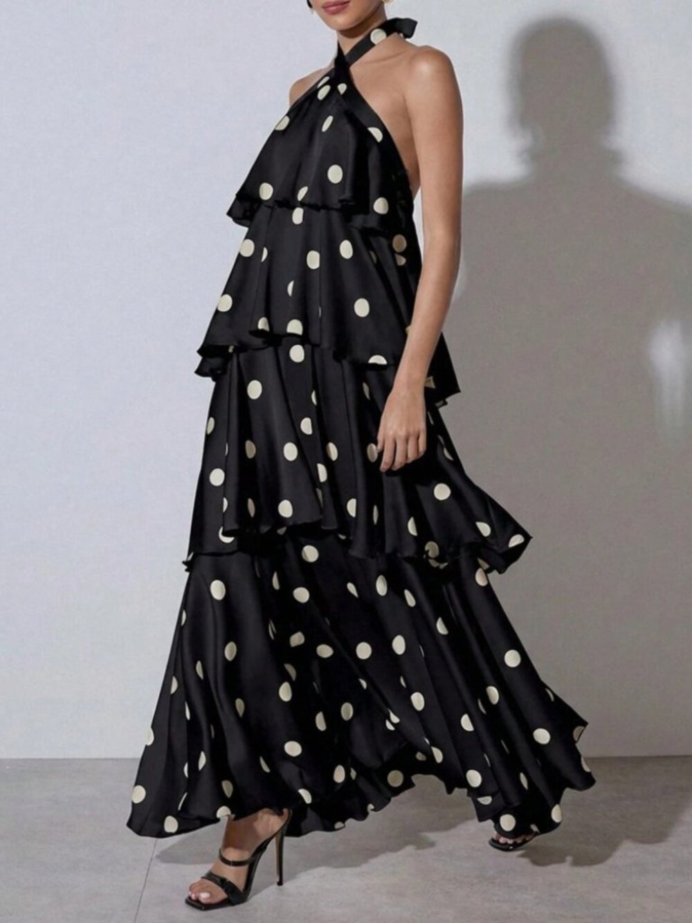 Black Polka Dot Satin Halter Tiered Maxi Dress